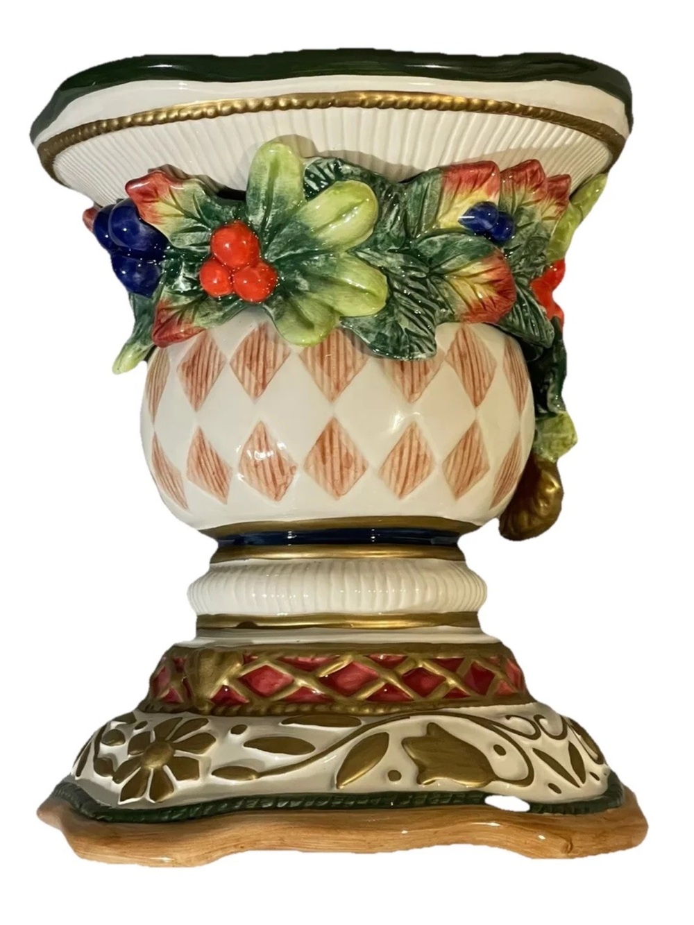Fitz Floyd Jolly Ole Saint Nick Christmas Candle Holder Pedestal Harlequin 7”